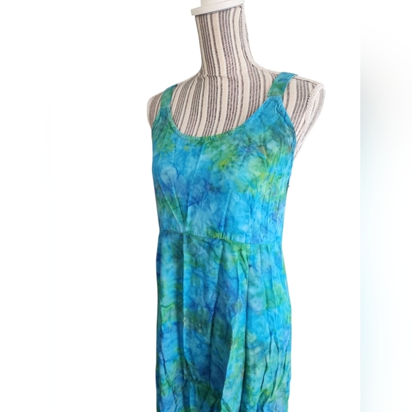 2/$15 ✨️Vintage Blue Green Tie Dye Hippie Rave Beach Island Maxi Buttom Dress - Picture 2 of 5
